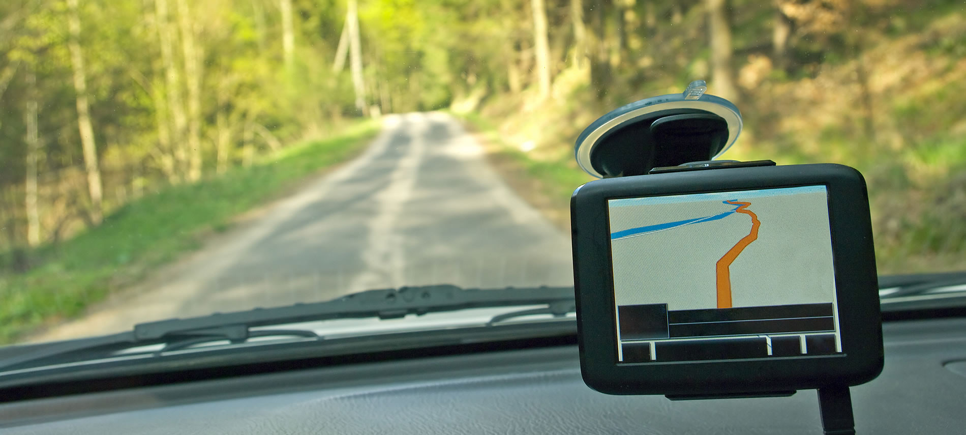 View out window while driving down road, golden trees all around, Garmin on dashboard.